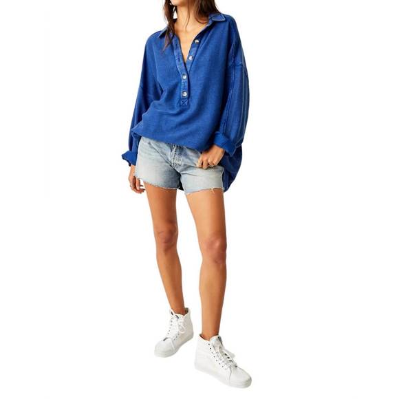 NEW FREE PEOPLE willow polo top in rinsed cobalt - Picture 5 of 5